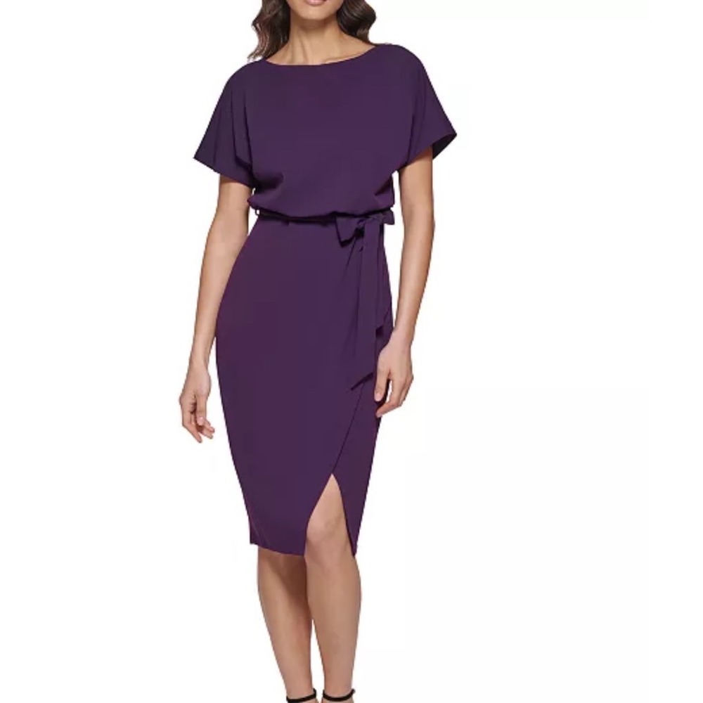 Kensie Blouson Wrap Dress Women 6 New Purple Boat Neck Sheath MSRP $108